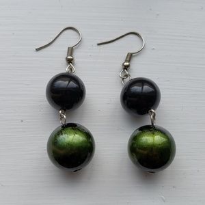 Black and green ball shaped earrings